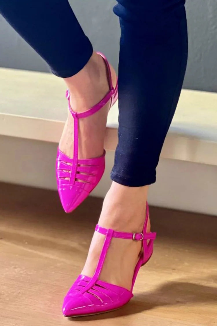 Solid Color Pointy Toe Hollow Out Fuchsia Flats