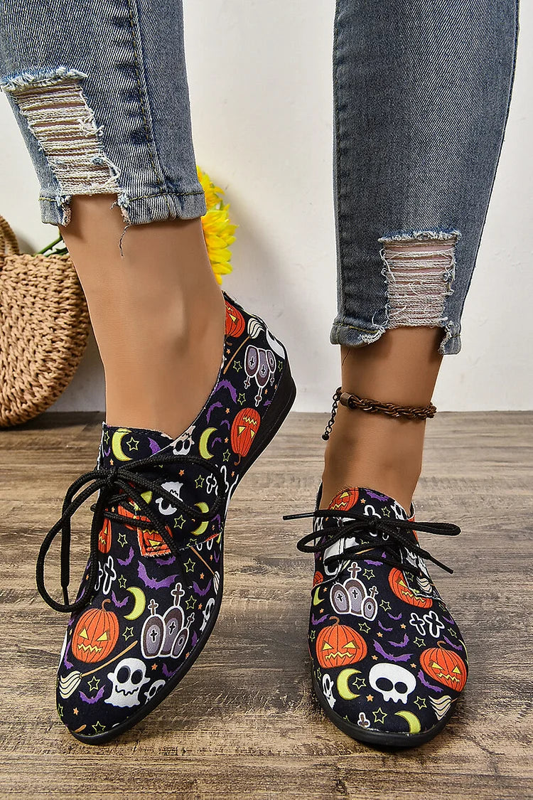 Halloween Ghost Pumpkin Print Dedo do pé redondo amarrar sapatos casuais