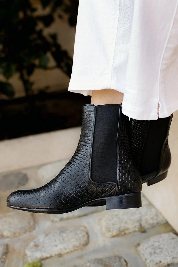 Woven Textured Patchwork Round Toe Black Ankle Boots [Pre Order]