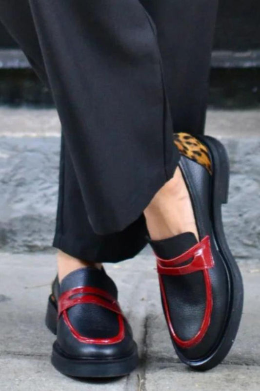 Kontrastfarbe Leopardenmuster Rundzehen Plateau Schwarze Loafer [Vorbestellung]