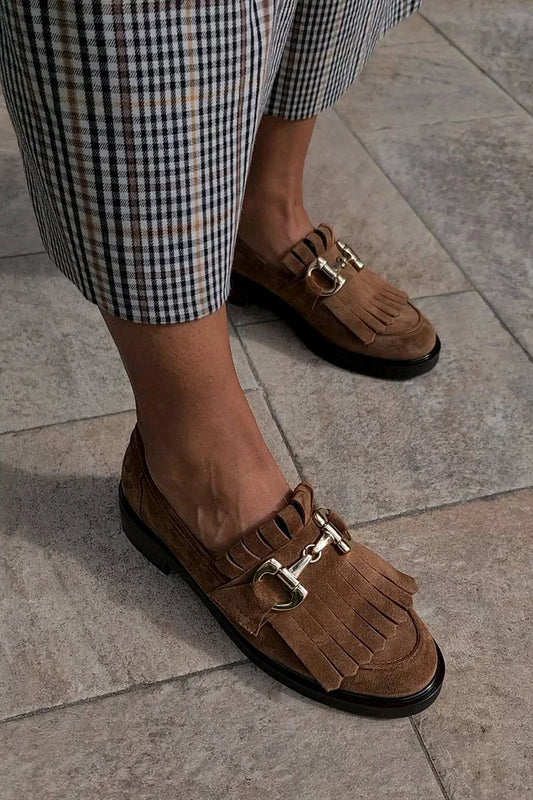 Metal Buckle Fringed Trim Round Toe Brown Loafers