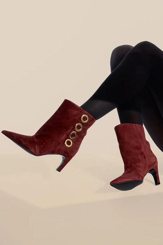 Metal O-Ring Decor Pointed Toe Burgundy Heels Boots [Pre Order]