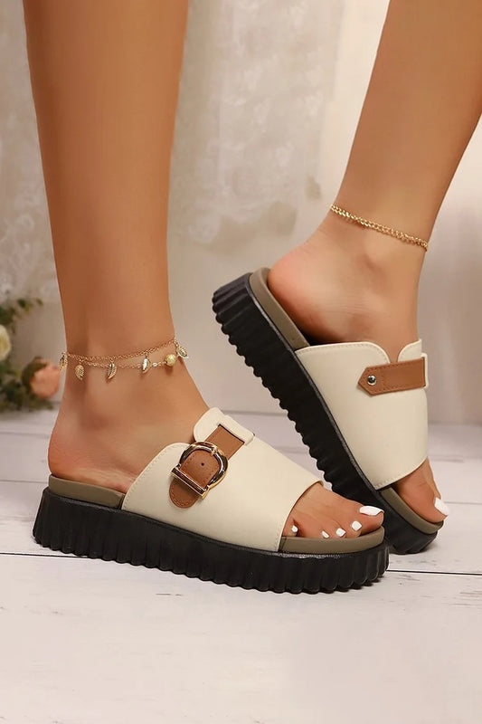 Pantuflas casuales con punta redonda, decoración con hebilla y tiras de colores