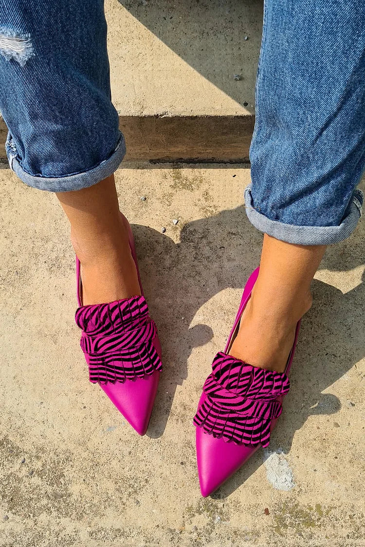 Zebra Print Fringe Decor Pointed Toe Fuchsia Flats [Pre Order]