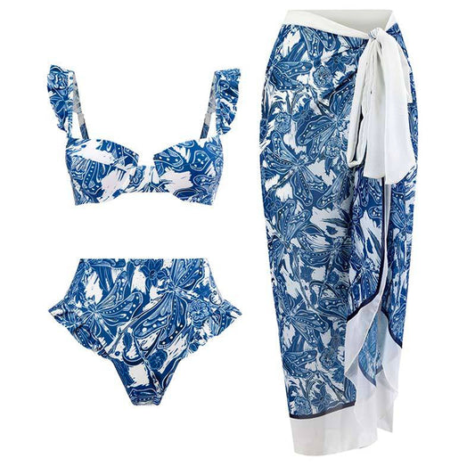 Ruffle Trim Two-Piece Swimwear and Wrap Cover Up Skirt Print Set