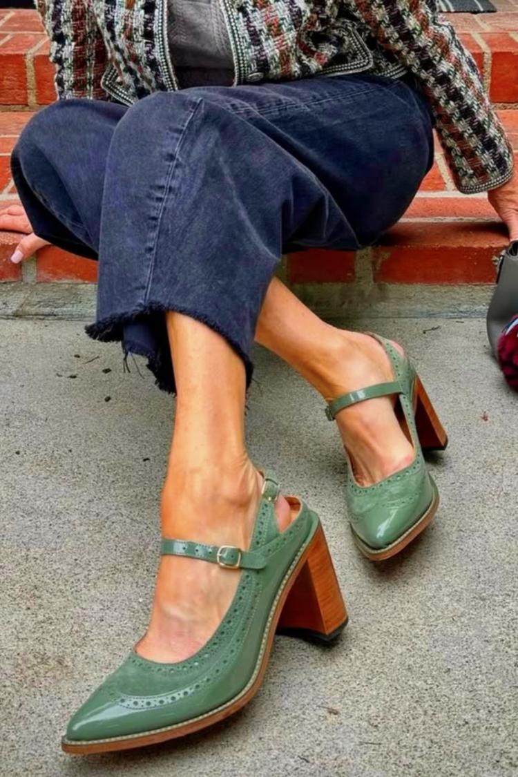 Brogue Strap Slingback Buckle Pointy Toe Green Chunky Heels [Pre Order]