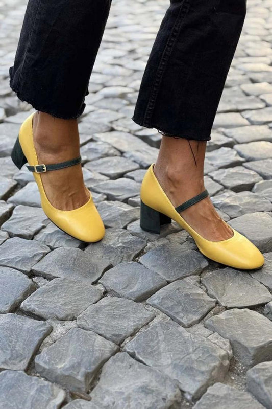 Color Block Instep Strap Yellow Casual Chunky Heels [Pre Order]