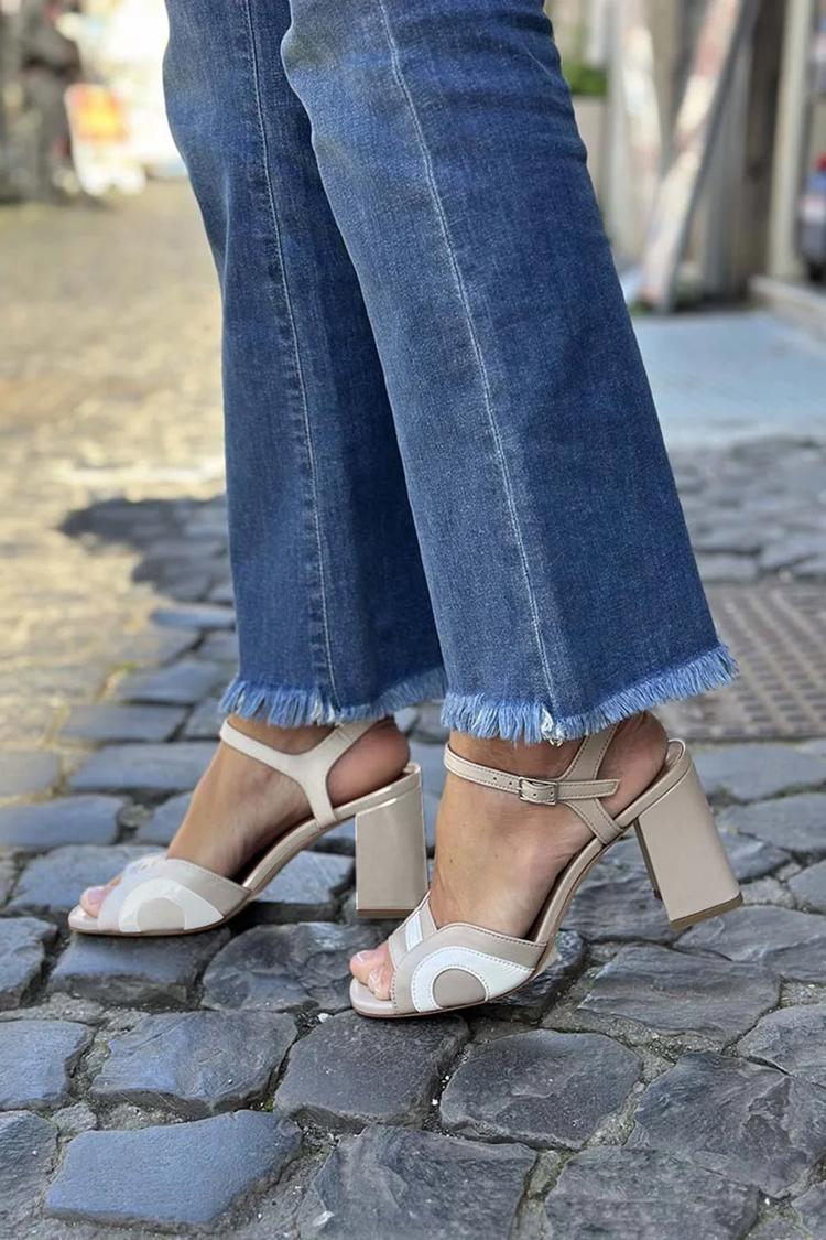 Patchwork Open Toe Slingback Khaki Chunky Heels [Pre Order]