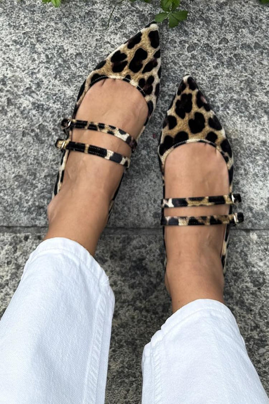 Leopardenmuster Spitz zulaufende Zehen Doppelte Ristriemen Braune Ballerinas [Vorbestellung]