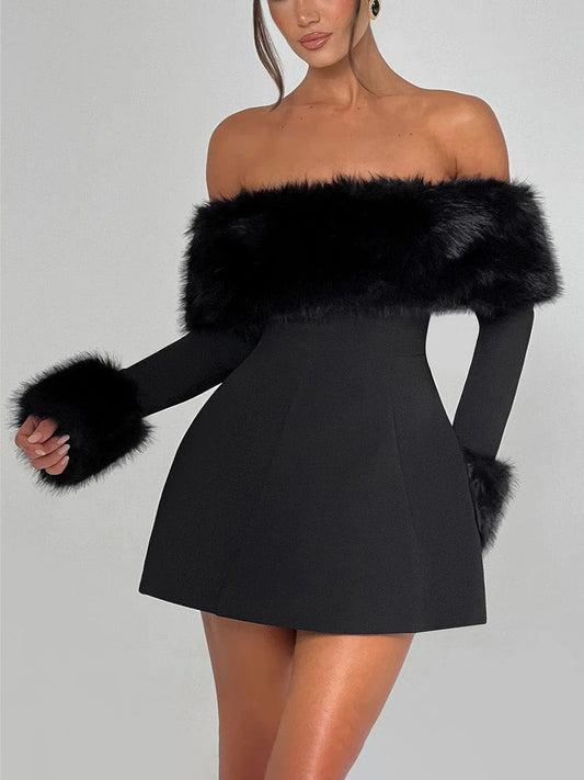 Playful Faux Fur Neckline A-Line Mini Dress