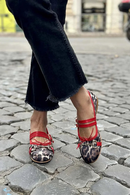 Leopard Print Colorblock Straps Buckles Metal Decor Brown Flats [Pre Order]