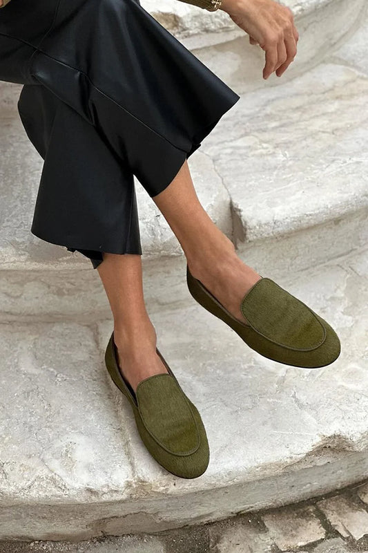 Mocassins verdes casuais de cor sólida com bico redondo e patchwork [Pre Order]