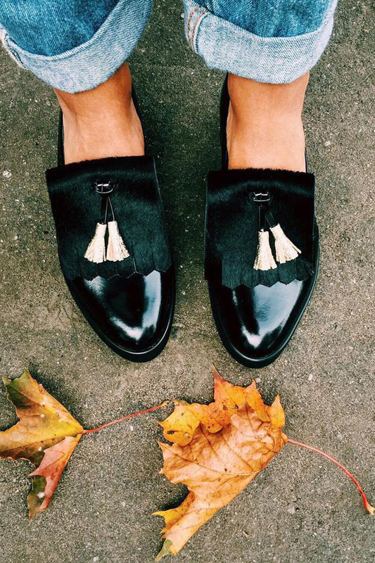 Tassels Decor Patchwork Pointed Toe Casual Black Flats [Pre Order]