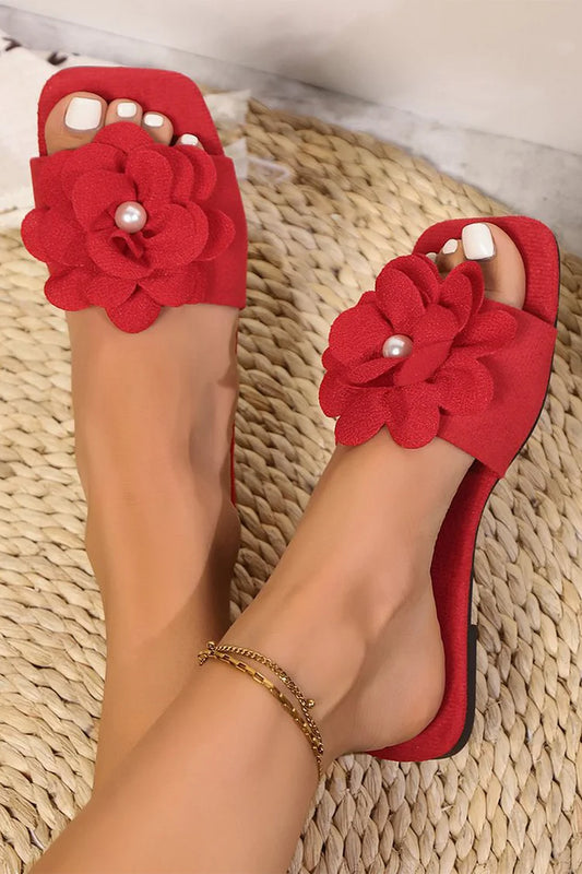 Pantuflas de playa con punta cuadrada de color liso y decoración floral en 3D de perlas 