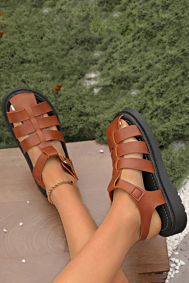 Woven Solid Color Hollow Out T-Strap Buckle Round Toe Sandals