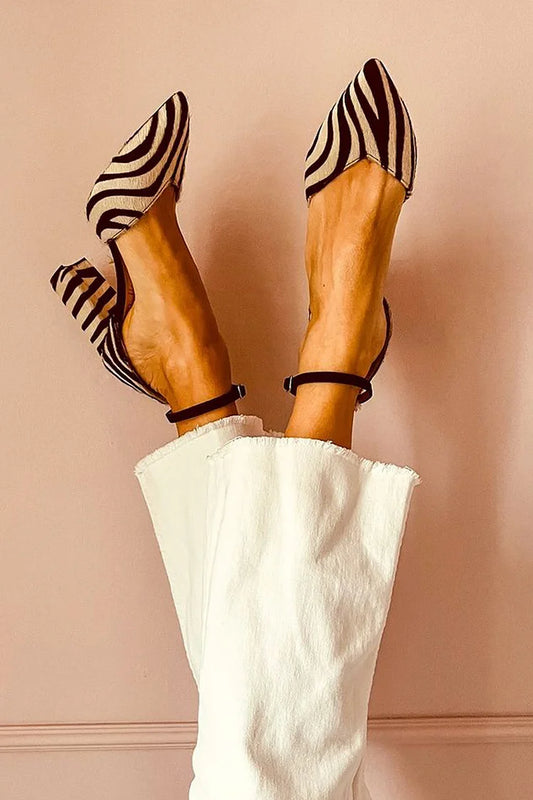 Zebra Print Pointed Toe Ankle Strap Buckle Khaki Chunky Heels