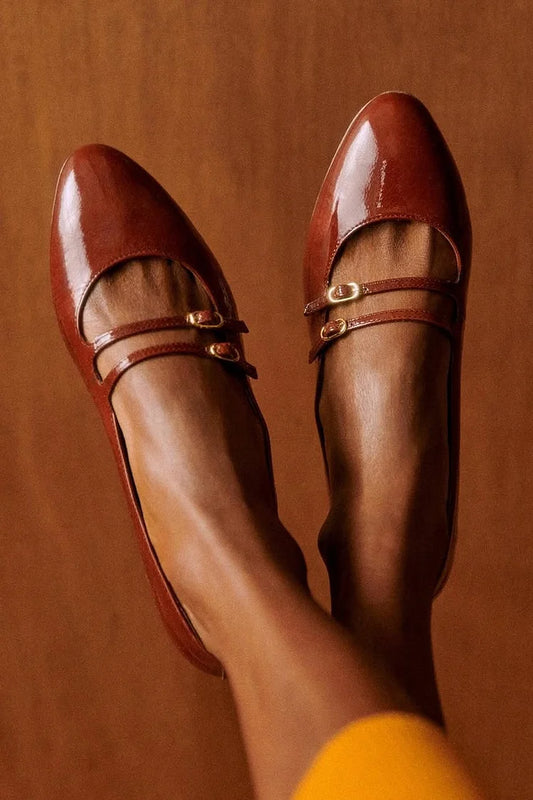 Dwa paski klamry jednokolorowe brązowe baleriny z okrągłym noskiem [Przedsprzedaż]