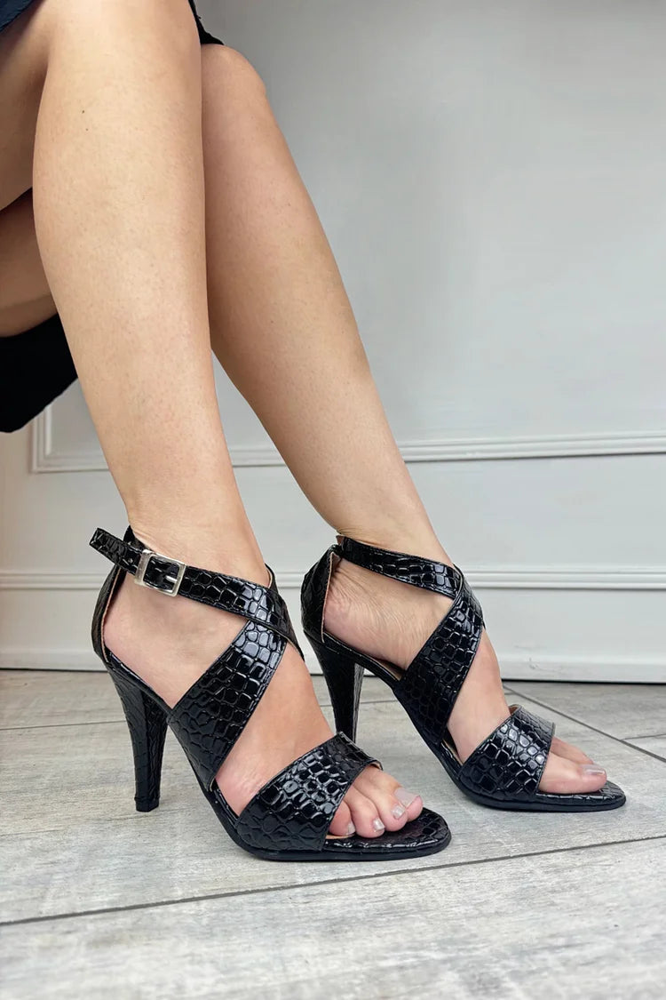 Crocodile Print Cross Strap Buckle Black Stiletto Heels [Pre Order]