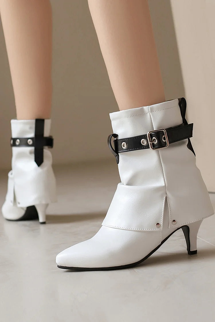 Colorblock Strap Buckle Fold Over Pointed Toe Kitten Heel Ankle Boots