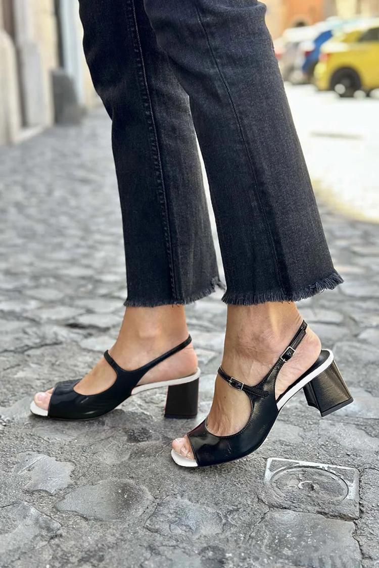 Scarpe con cinturino sul collo del piede, punta aperta, tacco grosso nero [Pre-ordine] 