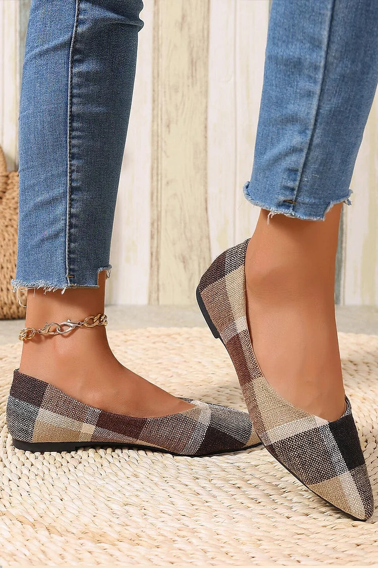 Scarpe basse casual slip-on con punta affilata e motivo scozzese colorblock