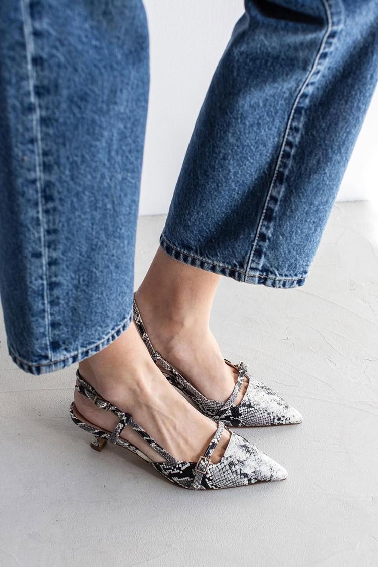 Snake Print Pointed Toe Slingback Strap Buckle Kitten Heels [Pre Order]
