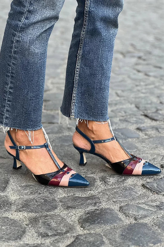 Scarpe con tacco a spillo blu navy con cinturino a T multicolore e fibbia a punta [Pre-ordine] 