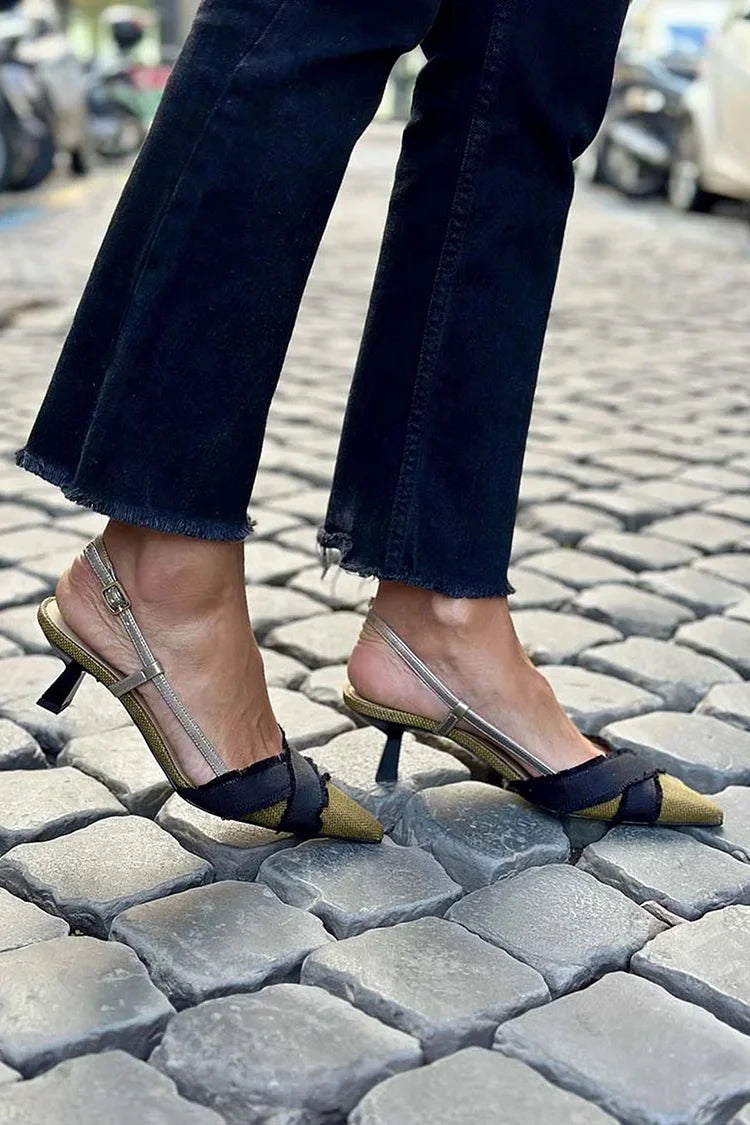 Scarpe con tacco a spillo color block patchwork verde oliva a punta [Pre-ordine] 