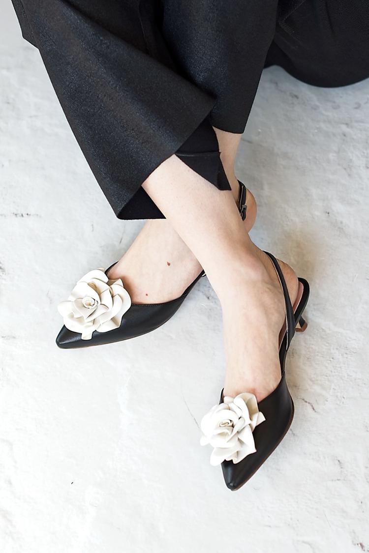 Dekoracja 3D Kwiat Szpiczasty Nosek Sandały na Obcasie Kitten Czarny [Przedsprzedaż]