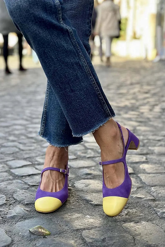Instep Strap Buckle Colorblock Slingback Purple Chunky Heels