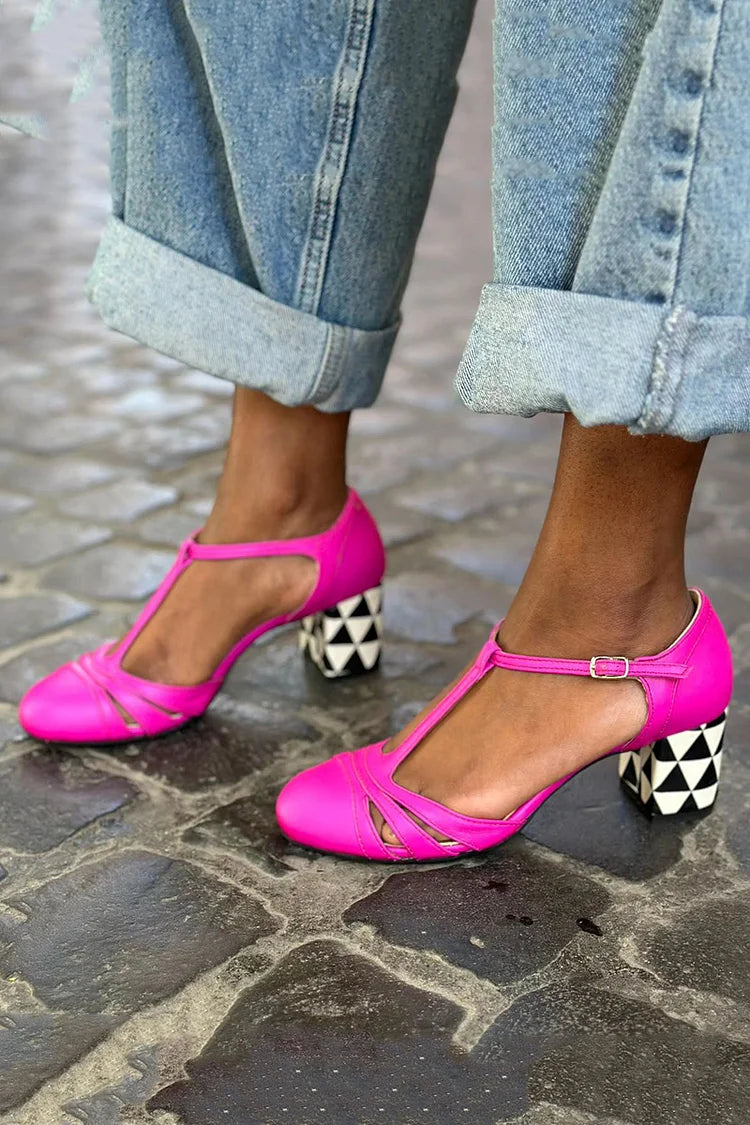 Tacones gruesos fucsia con estampado geométrico y hebilla con correa en T hueca 