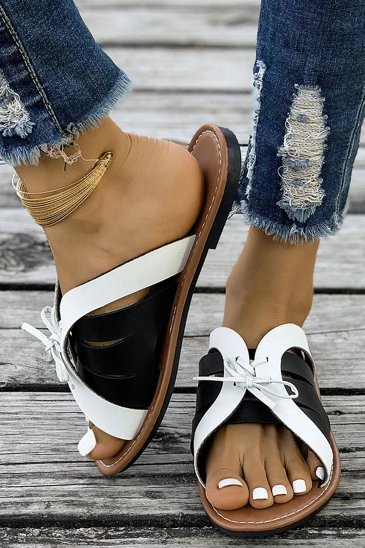 Black And White Colorblock Lace Up Seam Hollowed Out Slippers