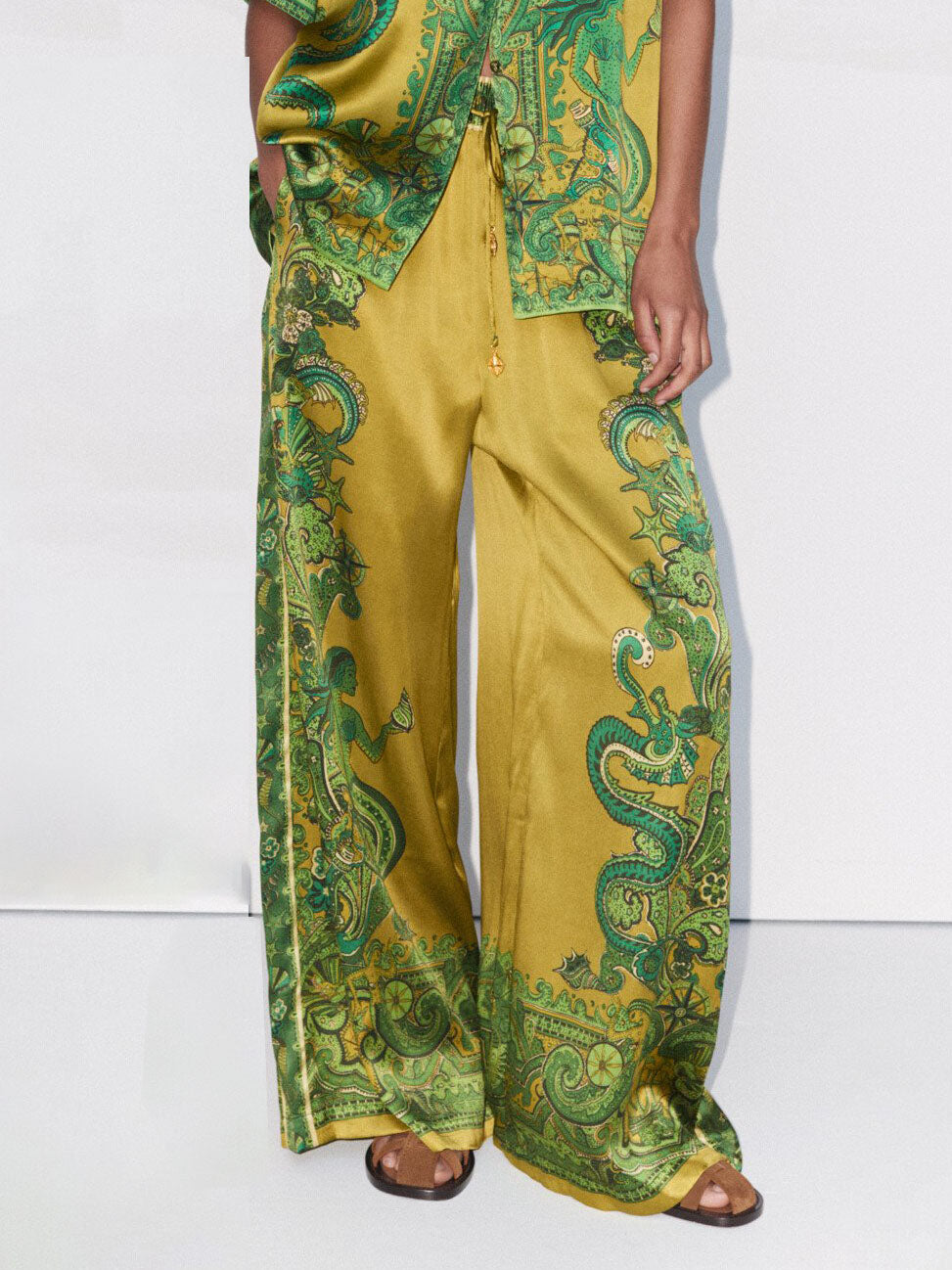 Exquisite Satin Unique Floral Print Wide Leg Pants