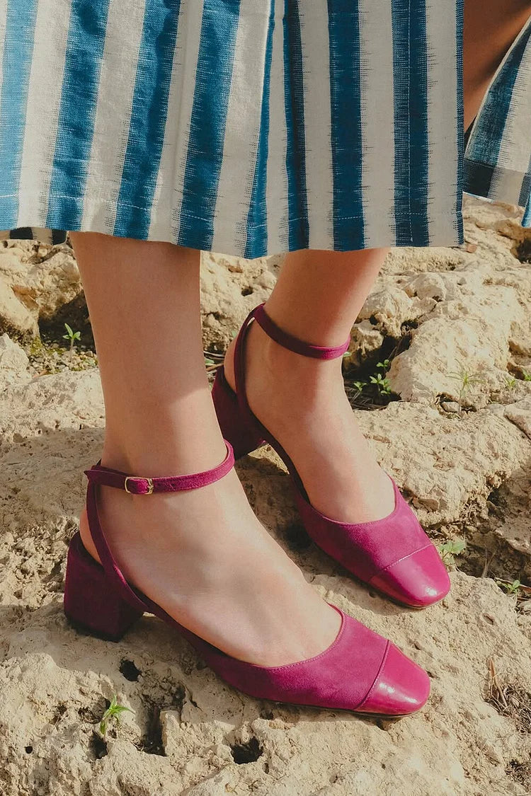Scarpe con tacco grosso fucsia, punta quadrata, cinturino alla caviglia e fibbia [Pre-ordine]