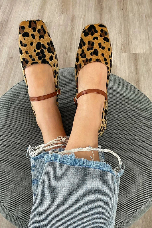 Square Toe Instep Strap Buckle Leopard Print Brown Flats