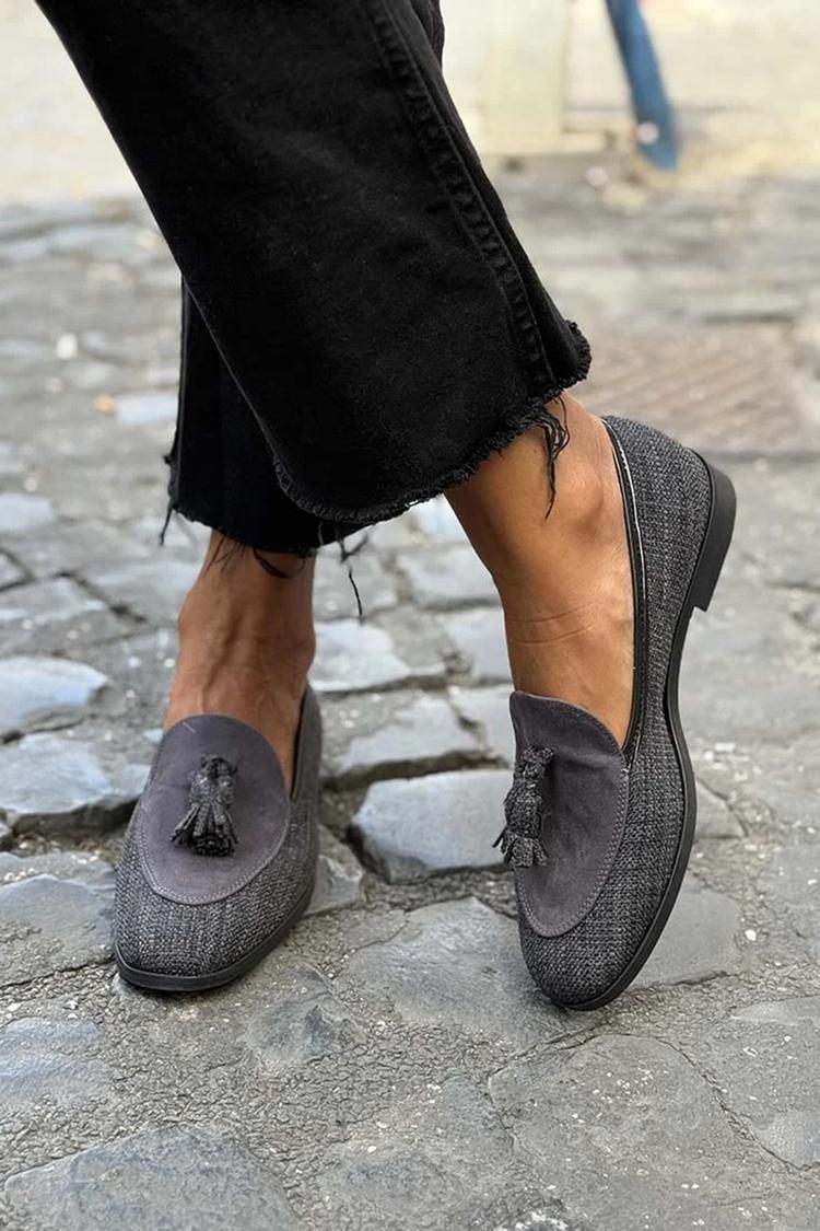 Quasten-Dekor Patchwork Rundzehen Dunkelgraue Loafer [Vorbestellung]