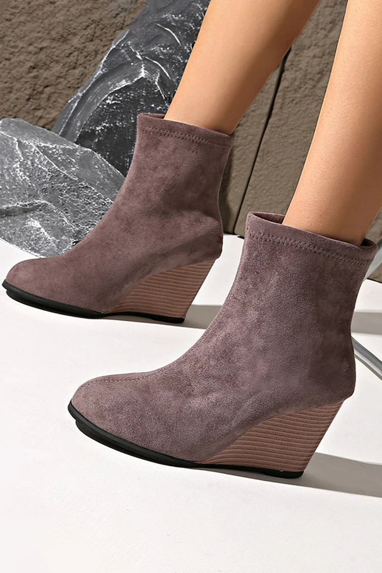 Solid Color Round Toe Wedge Heel Pull On Ankle Boots