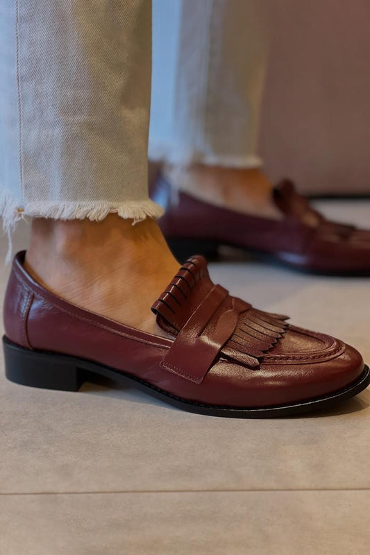 Patchwork Fransen Dekor Rundzehen Burgunder Loafers [Vorbestellung]