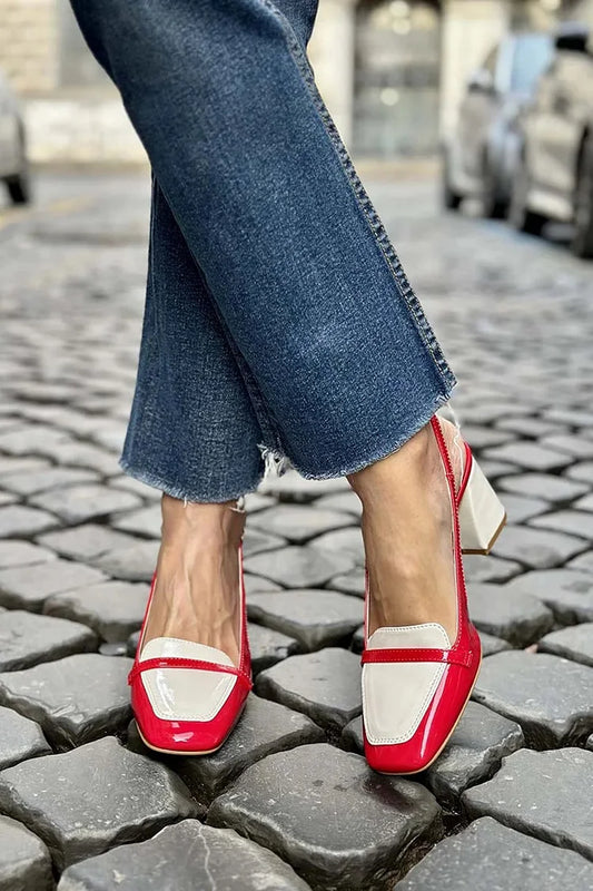 Colorblock Square Toe Slingback Red Chunky Heels [Pre Order]