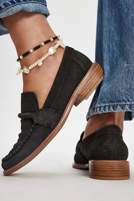 Einfarbige Loafers mit Nahtdetail, runde Spitze, schwarz [Vorbestellung]