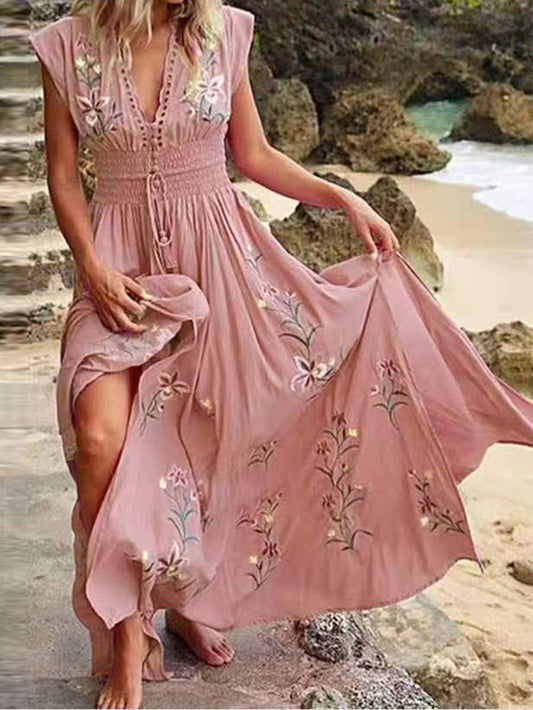 Abito con stampa Boho da spiaggia francese con scollo a V