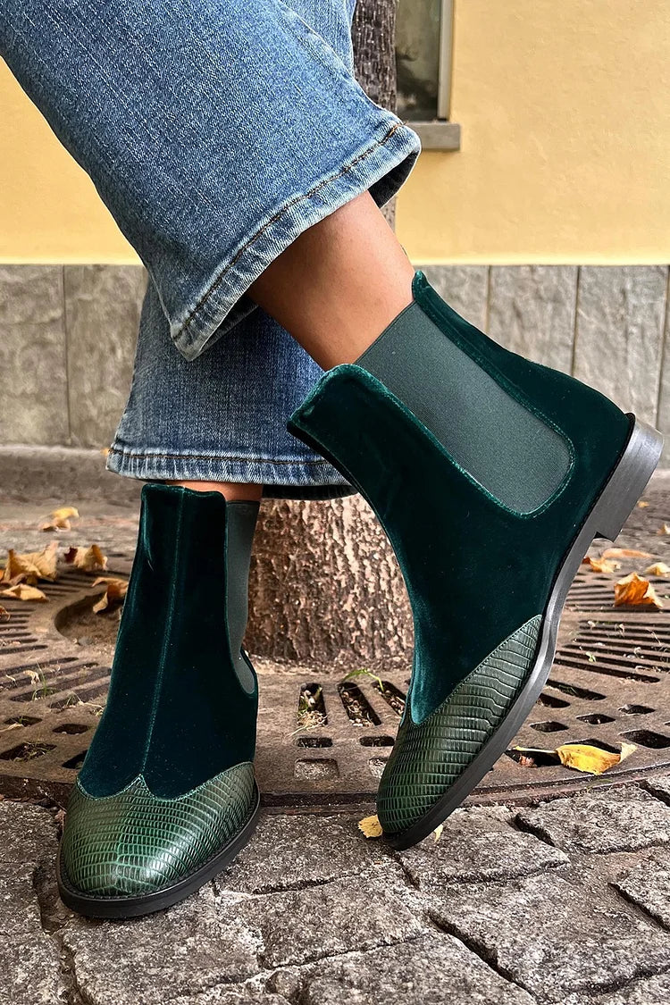 Velvet Patchwork Round Toe Green Ankle Boots [Pre Order]