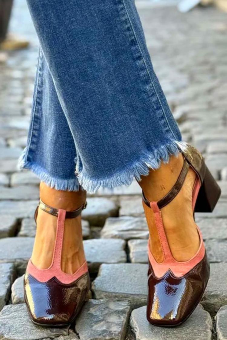 Square Toe T-Strap Color Matching Dark Brown Chunky Heels [Pre Order]