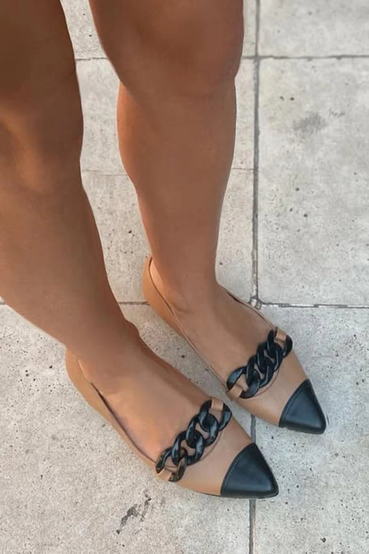 Colorblock Pointed Toe Metal Chain Decor Brown Flats [Pre Order]