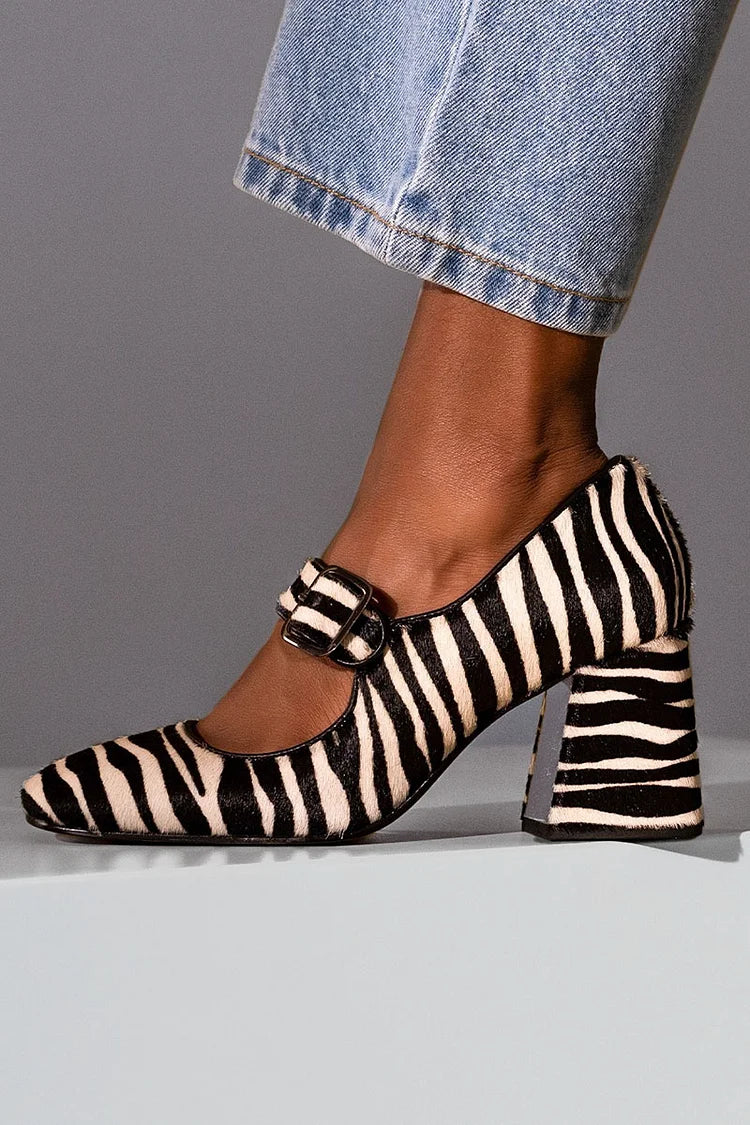 Instep Strap Buckle Zebra Print Black Chunky Heels