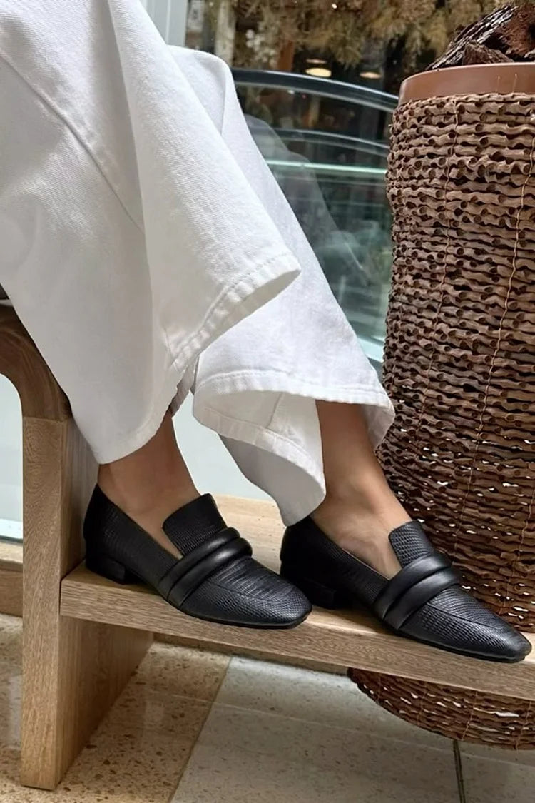 Textured Solid Color Square Toe Casual Black Loafers [Pre Order]