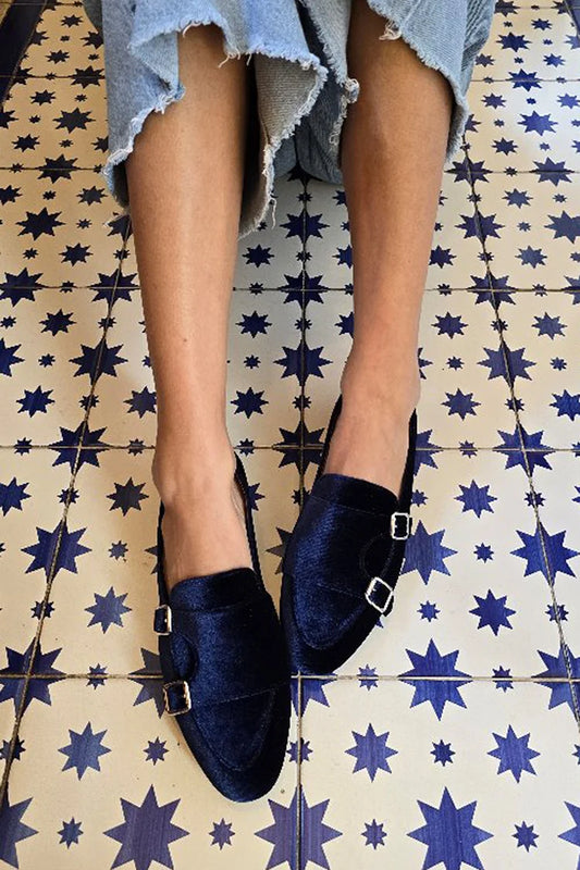 Patchwork Schnallen Einfarbig Runde Zehen Navy Slipper