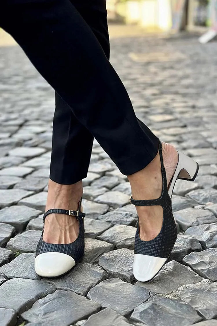 Instep Strap Buckle Colorblock Slingback Black Chunky Heels [Pre Order]