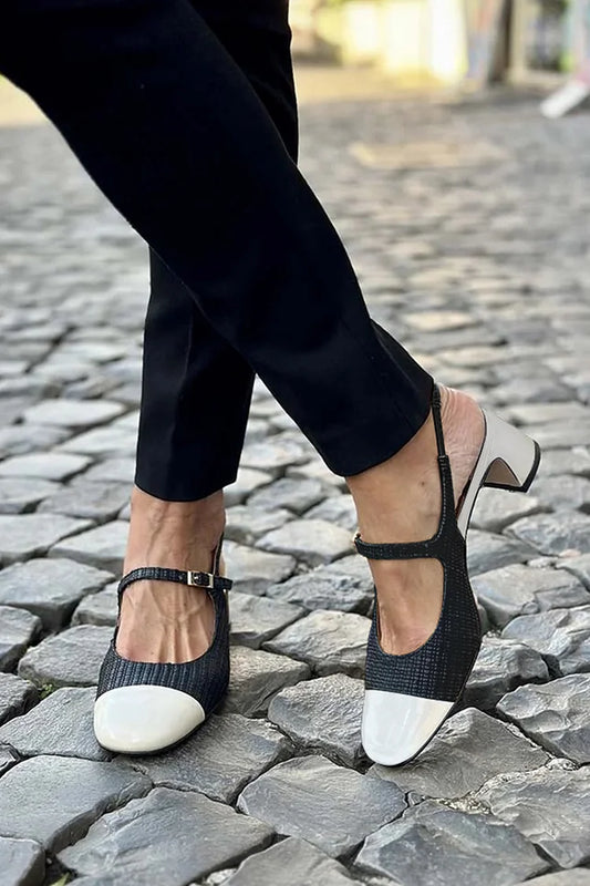 Cinturino sul collo del piede con fibbia colorblock, cinturino posteriore nero con tacco spesso [Pre-ordine]