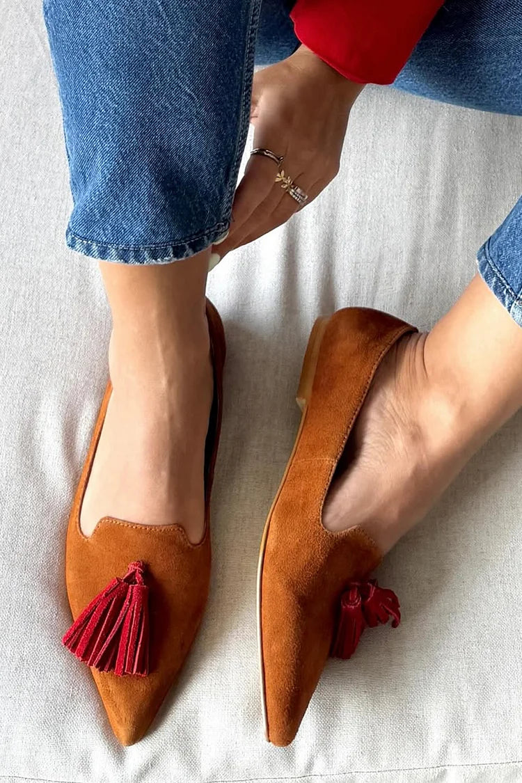 Flache Schuhe mit Farbblock-Quastendekor und spitzer Zehenpartie in Braun [Pre Order]